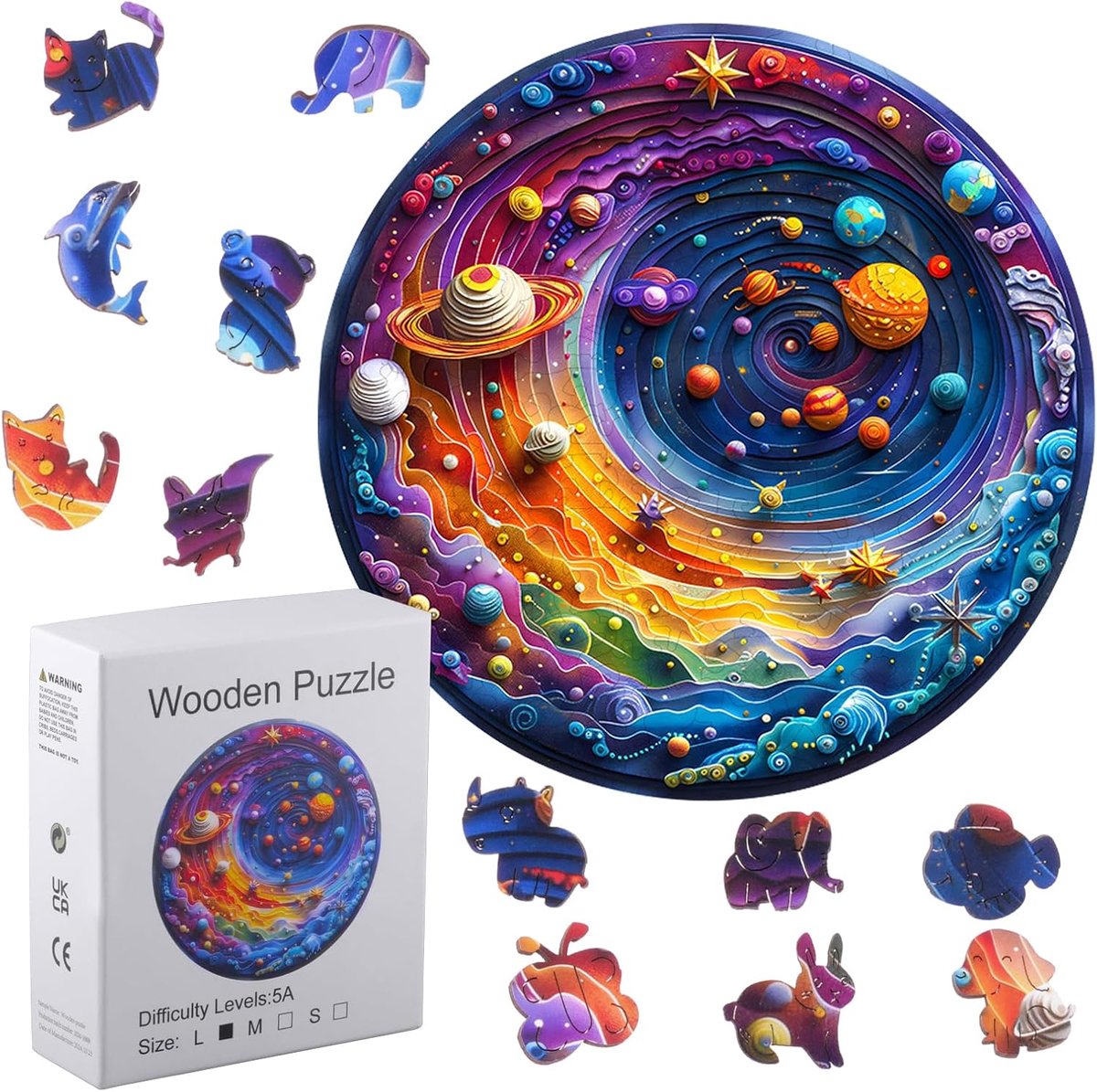 Puzzel volwassenen, 29 cm houten puzzel - Kosmisch Galaxis met dier - elementen puzzel voor volwassenen en kinderen