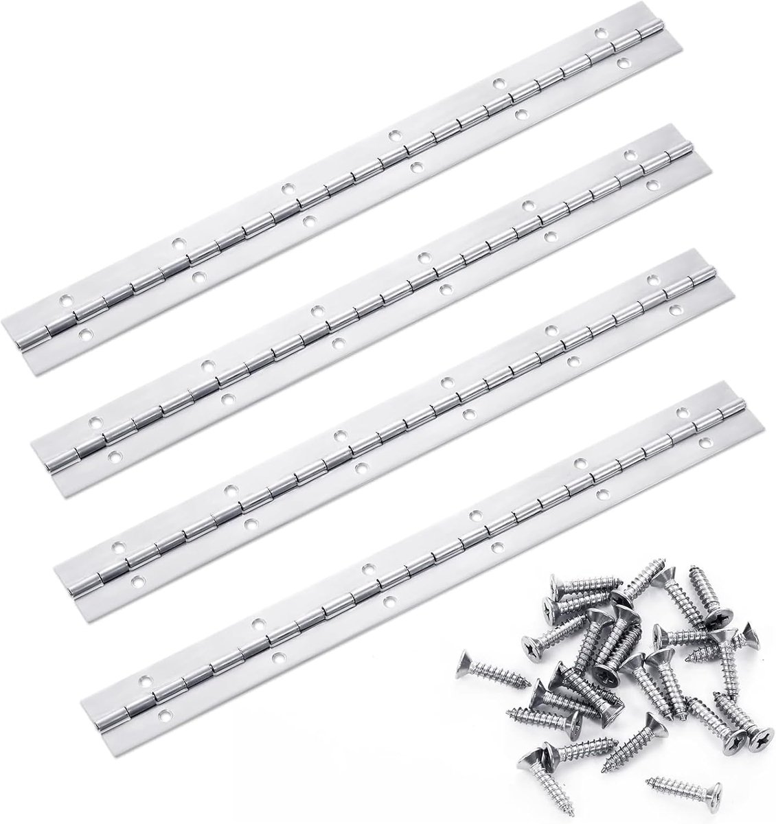 Roestvrij staal, 4 stuks 30 cm pianoscharnier stangscharnier met 48 stuks schroeven scharnierband pianoband scharnier voor kastdeuren piano's (300 × 30 × 0,6 mm)