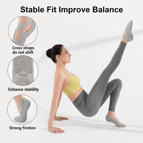 Antislip yogasokken - Set van 3 paar - Trainingssokken voor dames en meisjes - One-size sokken voor op de vloer - Antislipontwerp met bandjes - Voor pilates, dans en fitness - 2 Zwart + Grijs — afbeelding 4