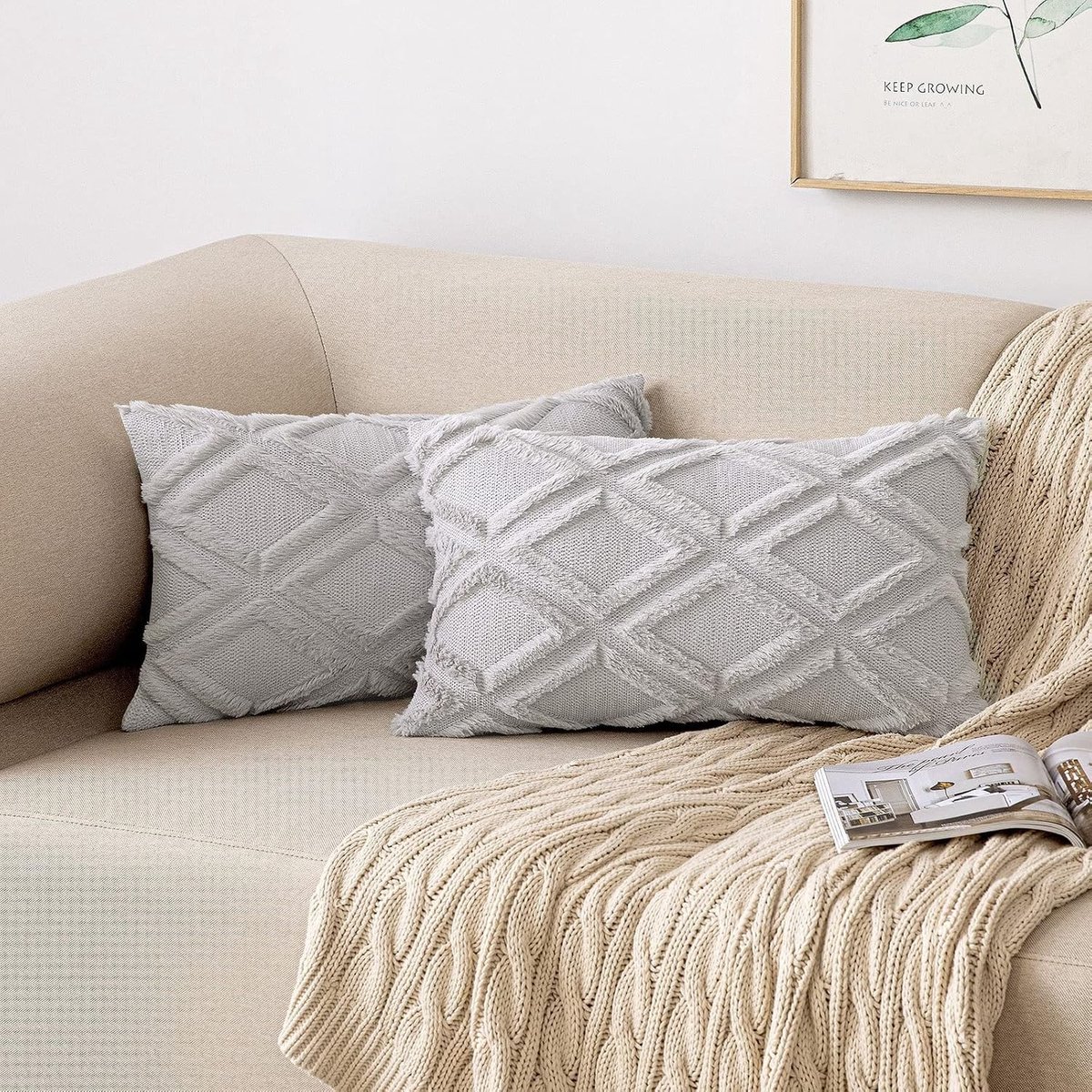 Set van 2 Boho Kussenhoezen van Wol en Velours voor Sofa, Slaapkamer en Woonkamer - 30 x 50 cm Lichtgrijs, Decoratief en Comfortabel