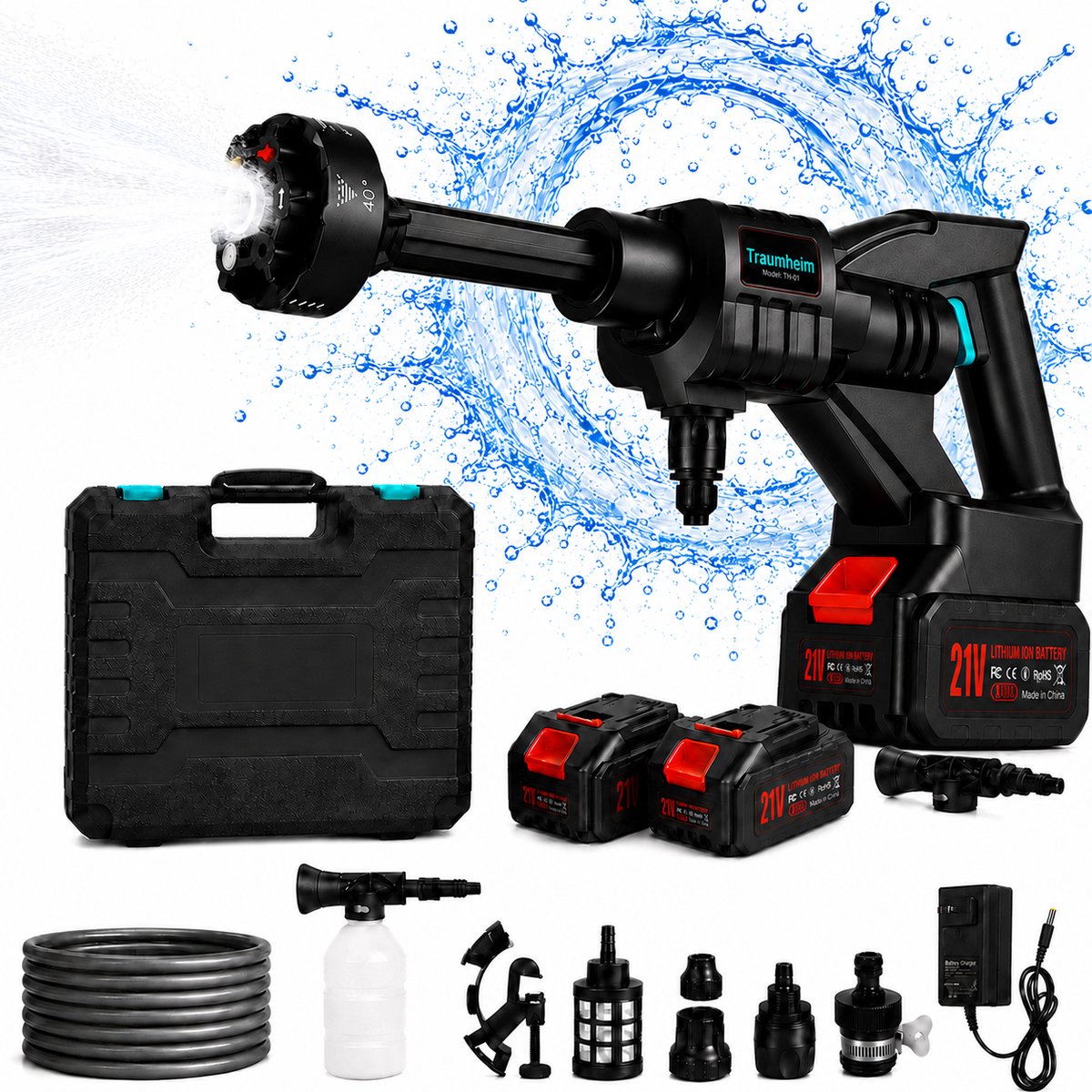 r draagbare hogedrukreiniger met 1500mAh batterij, 6-in-1 multi-sproeimondstuk 5M slang voor auto, terras, tuin, hek, zwembad
