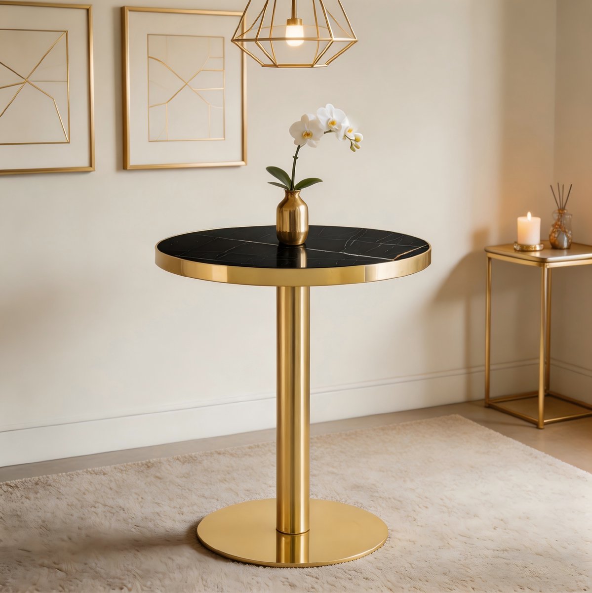 MODFU - Bijzettafel - Rond - Modern - Woonkamer - MDF - Zwart En Goud - 59,5 x 59,5 x 73,5 cm