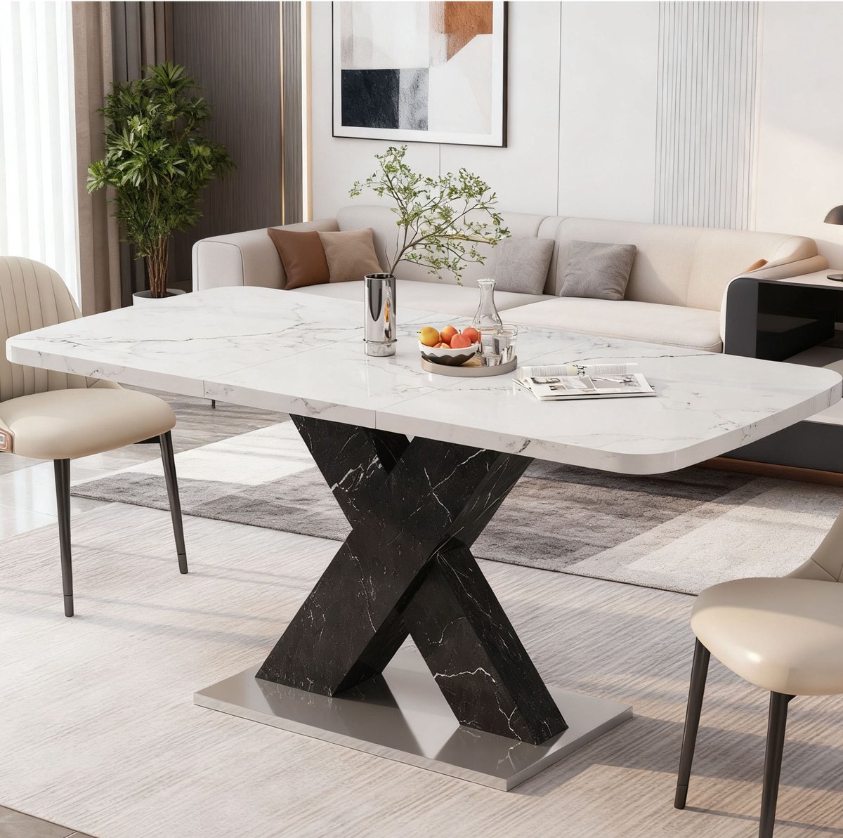 MODFU - Eettafel - Uitschuifbaar - Rechthoek - Modern - Marmerlook - Zwart Wit - 160 Cm