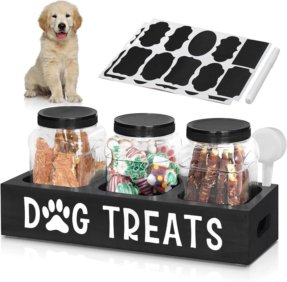 Hondenlekkernij container voor werkblad met 3 glazen, houten opbergruimte, zwart en stijlvol design