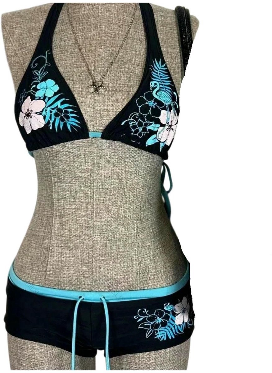 Casalora® Women's bikini sets Women Y2k Vintage Floral Halter Set Lace Up Triangle Swimsuit With Shorts Beach Bathing Suit-black Blue-m