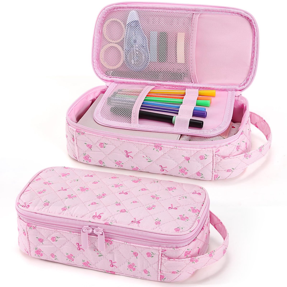 Casalora® Pennenetui – Bloemen Quilted Etui voor Meisjes – Grote Multi-Vakken Pennenzak met Handvat – Stationery Organizer voor School, Reizen en Dagelijks Gebruik – Roze