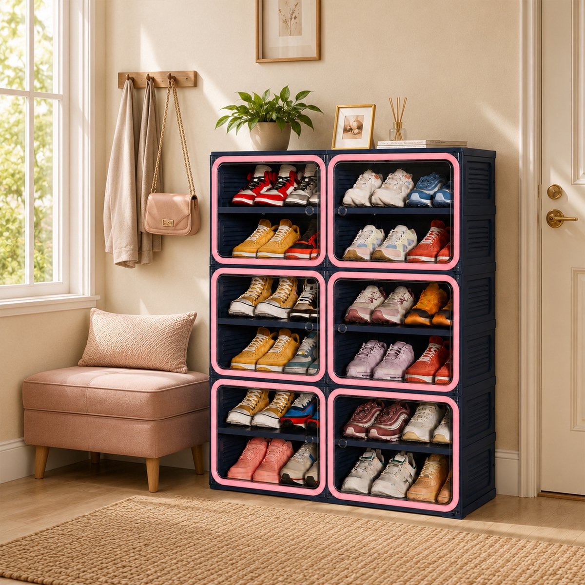 Blauw-roze schoenenkast 2 kolommen, 6 lagen, 85 x 33,5 x 104,3 cm met transparante PET-deuren en magneetsluiting