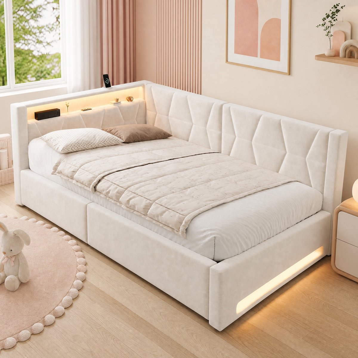 REDOM - Bed - Opbergruimte met hydraulisch bedkast - LED verlichting - USB en Type-C - Moderne stijl - Slaapkamer - Metaal en stof - Beige - 140 x 200 cm