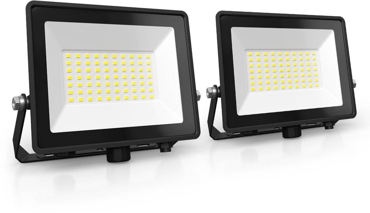 LEDVION 2x ECO LED-schijnwerper buiten, IP65, 50W, 110lm/W, koel wit, 6500K, superhelder, breedstraler, buitenlamp Zwart