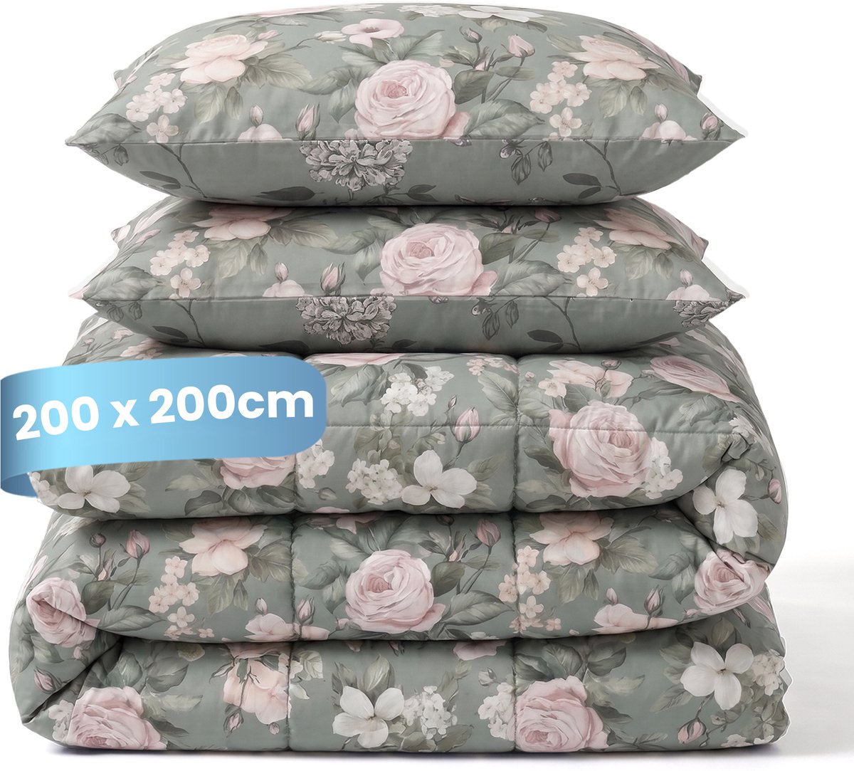 Slaapspeciaal Essential Print Romance Green - Dekbed zonder Overtrek - Wasbaar Dekbed - Hoesloos Dekbed - All Year Dekbed - 2 in 1 Dekbed - Incl. 2 Kussenslopen - 200x200 cm