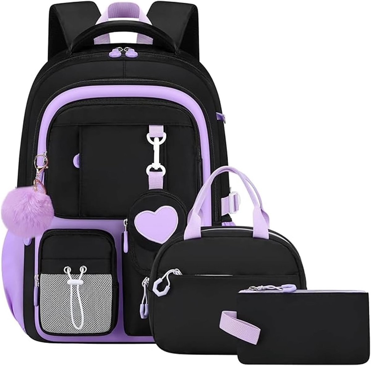 Schooltas meisje 6 jaar 12 jaar - Zwart - 23 liter - Waterdichte Nylon Rugzak met 4-delige Set - Voor School en Dagelijks Gebruik