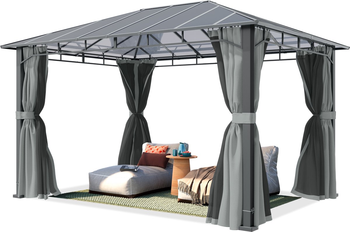 TOOLPORT Tuinpaviljoen 3x4 m, aluminium, polycarbonaat dak ca. 8 mm, grijs - met zijwanden en muggennetten