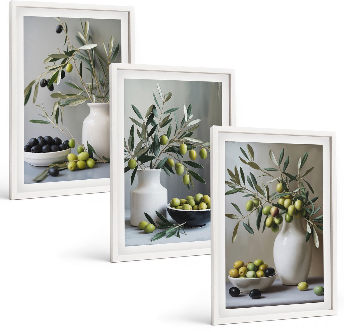 Coloray 3-Delige Schilderij Set - Olijven In Vazen ​​Met Takken Op Een Grijze Achtergrond - 40 x 60 - Muurdecoratie - Decoratieve Schilderijen - Wohnzimmer - Moderne Wanddecoratie