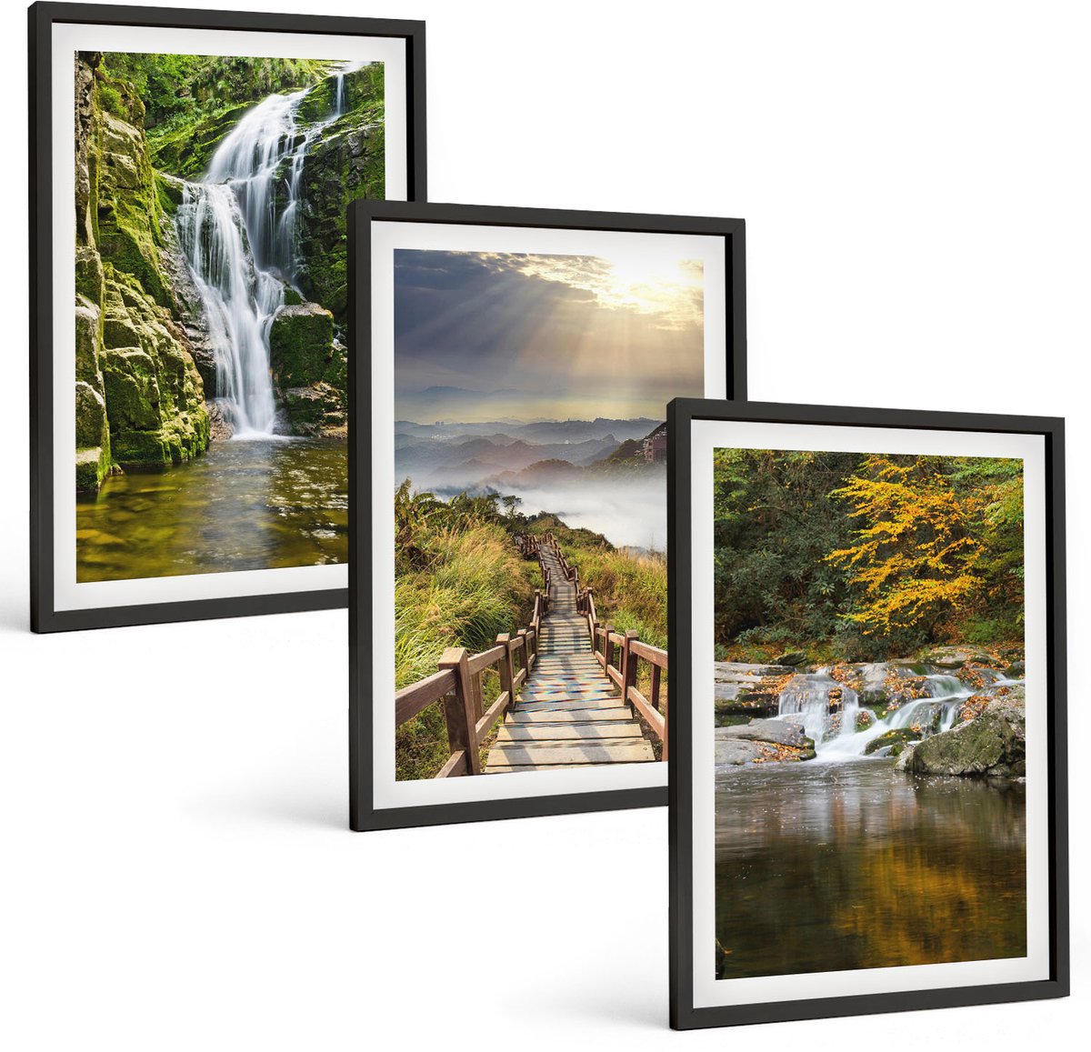 Coloray 3-Delige Schilderij Set - Watervallen, Bergen, Wolkenpaden En Herfstgezichten - 40 x 60 cm - Muurdecoratie - Interieur Decoratie - Moderne Wanddecoratie