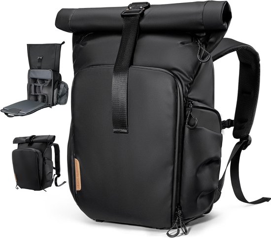 Zwarte rolltop camerarugzak met intern compartiment en zijopening voor apparatuur.