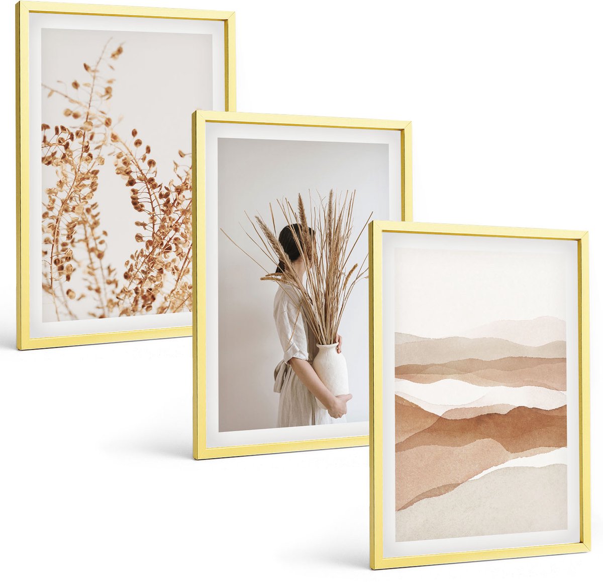 Coloray 3-Delige Schilderij Set - Abstracte Plantmotieven In Rustieke Boho-Stijl - 40 x 40 cm En 40 x 60 cm - Wanddecoratie - Schilderijen Set - Kantoor - Moderne Wanddecoratie