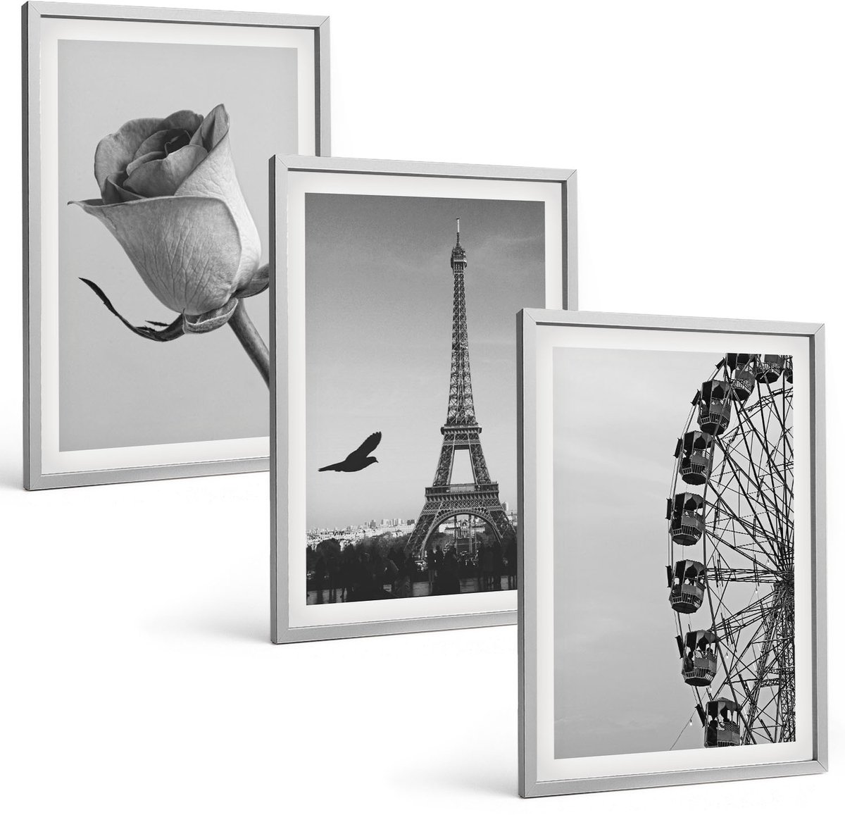 Coloray 3-Delige Schilderij Set - Roze Eiffeltoren En Reuzenrad In Zwart-Wit - 40 x 60 cm - Decoratieve Schilderijen - Woonkamer - Interieur - Moderne Wanddecoratie