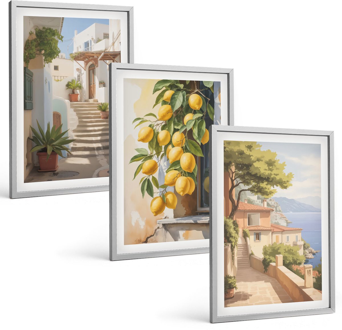 Coloray 3-Delige Schilderij Set - Sfeervolle Straatjes Met Citroenbomen En Uitzicht Op Zee. - 40 x 60 cm - Decoratieve Muurdecoratie - Slaapkamer - Interieur Decoratie