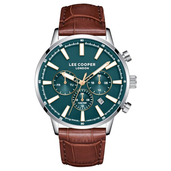 Herenhorloge met groene wijzerplaat, gouden details, subdials, datumvenster, zilverkleurige kast en bruine leren band.