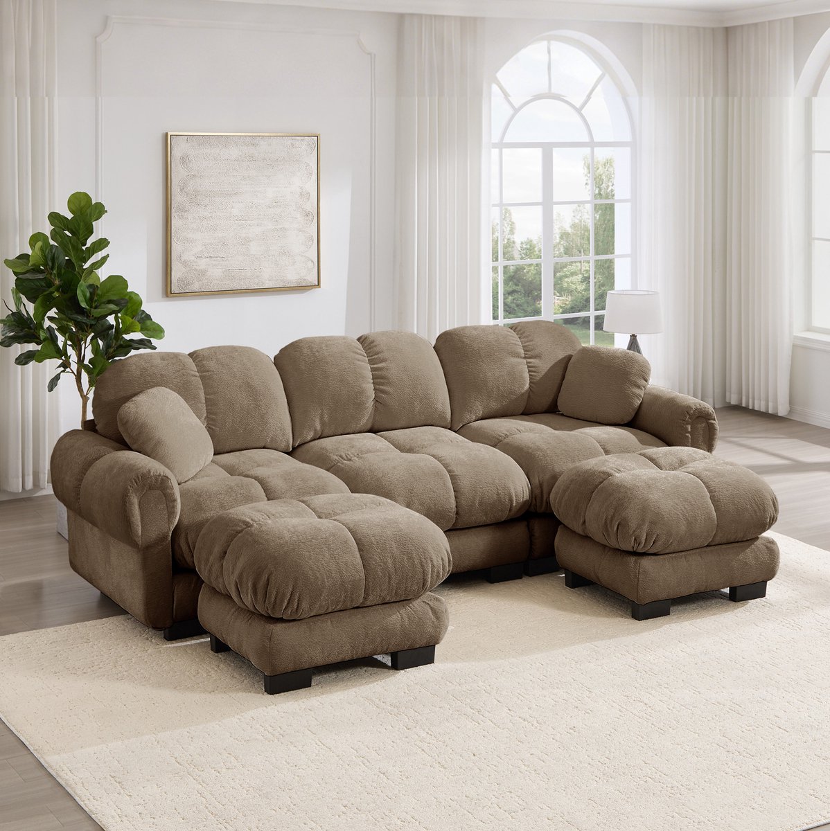 REDOM - Bank - U-bank - 3-zits - Chenille - Gestikt patroon - Zacht zitcomfort - Woonkamer - Bruin - 260 x 149 x 90 cm