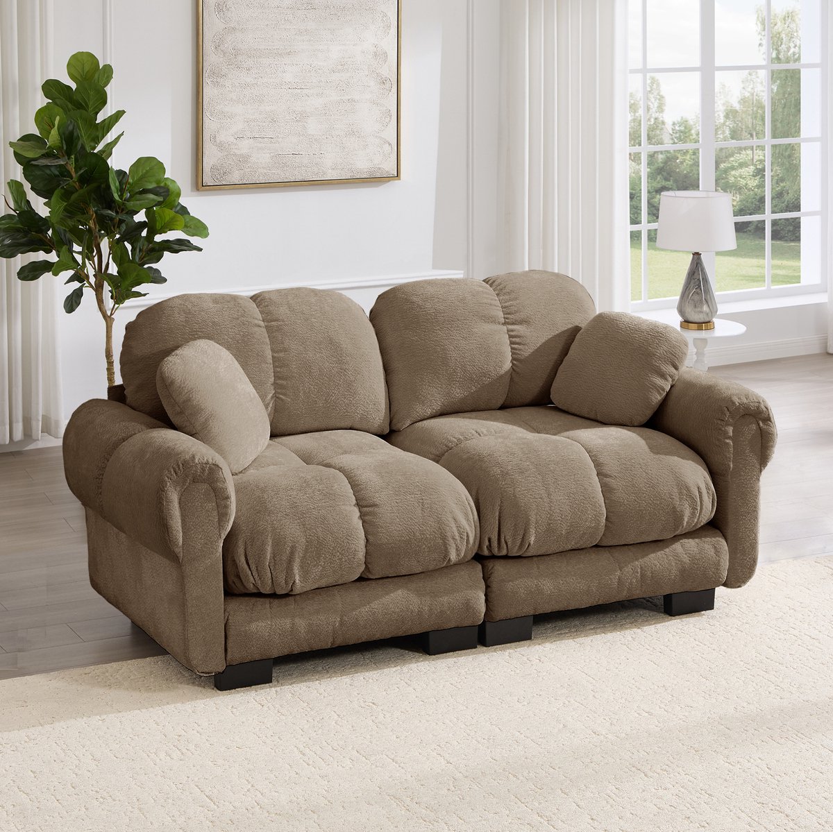REDOM - Zitbank - Chenille bekleding - Gestikt patroon - Modulair ontwerp - Comfortabele zitkussens - Woonkamer - Bruin - 190 x 86 x 90 cm