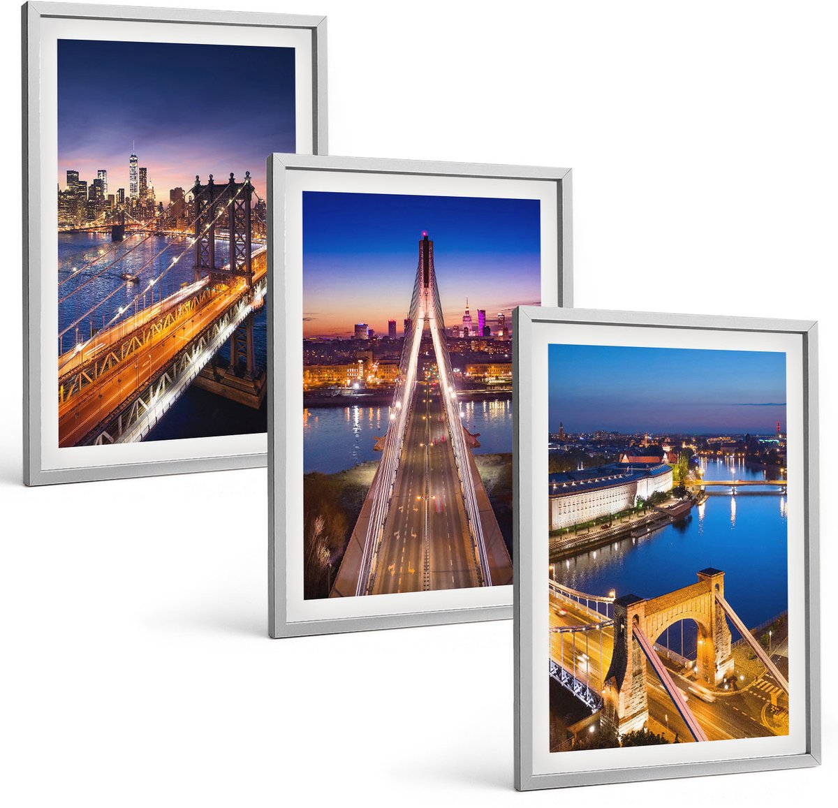 Coloray 3-Delige Schilderij Set - Stadsgezichten 'S Nachts Met Bruggen En Rivieren - 40 x 60 cm - Wanddecoratie - Woonkamer Decoratie - Stijlvolle Muurdecoratie