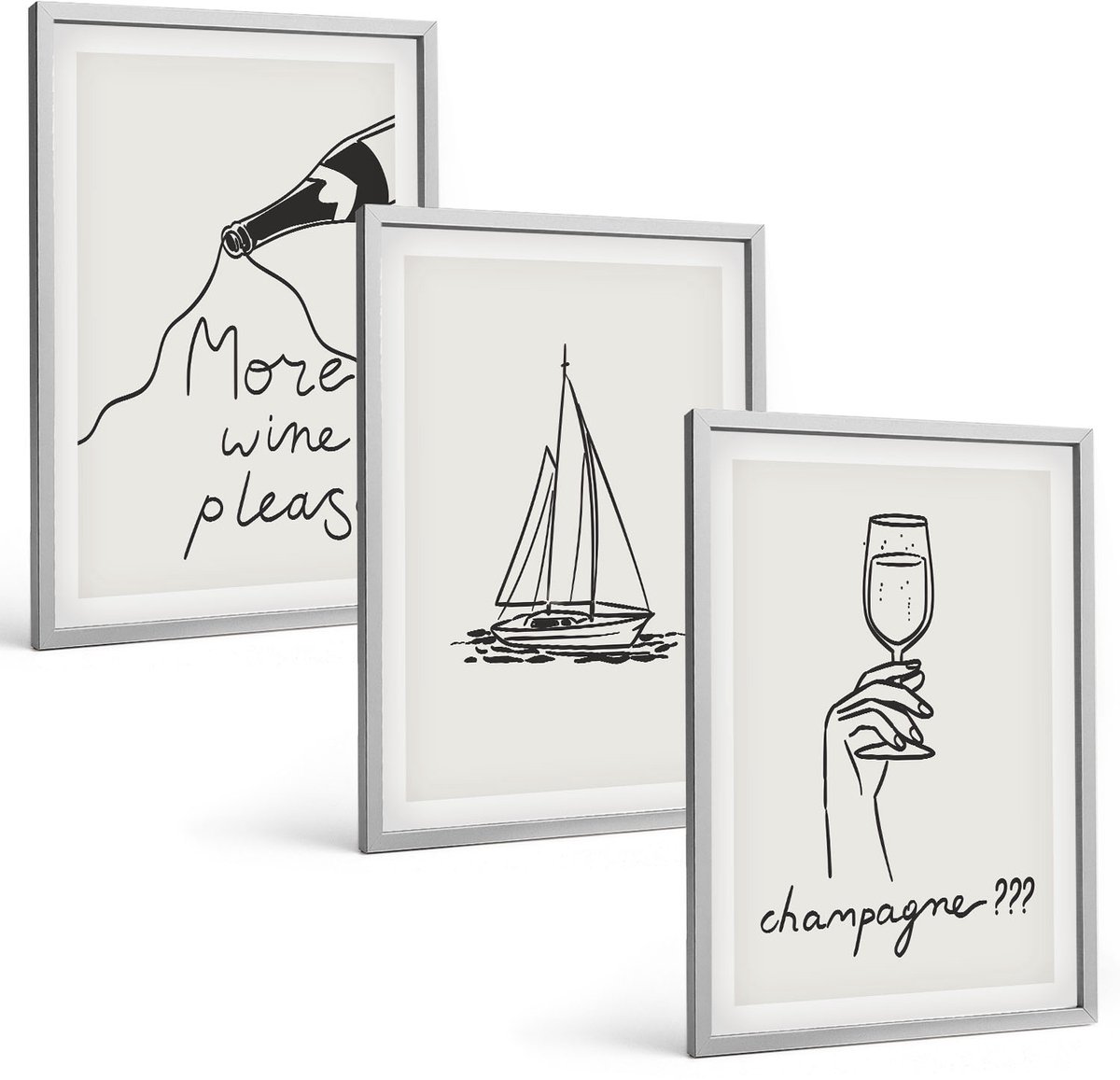 Coloray 3-Delige Schilderij Set - Wijn Zeilboot Champagneglas Lineaire Stijl - 40 x 60 cm - Muurdecoratie - Interieur Decoratie - Stijlvolle Muurdecoratie