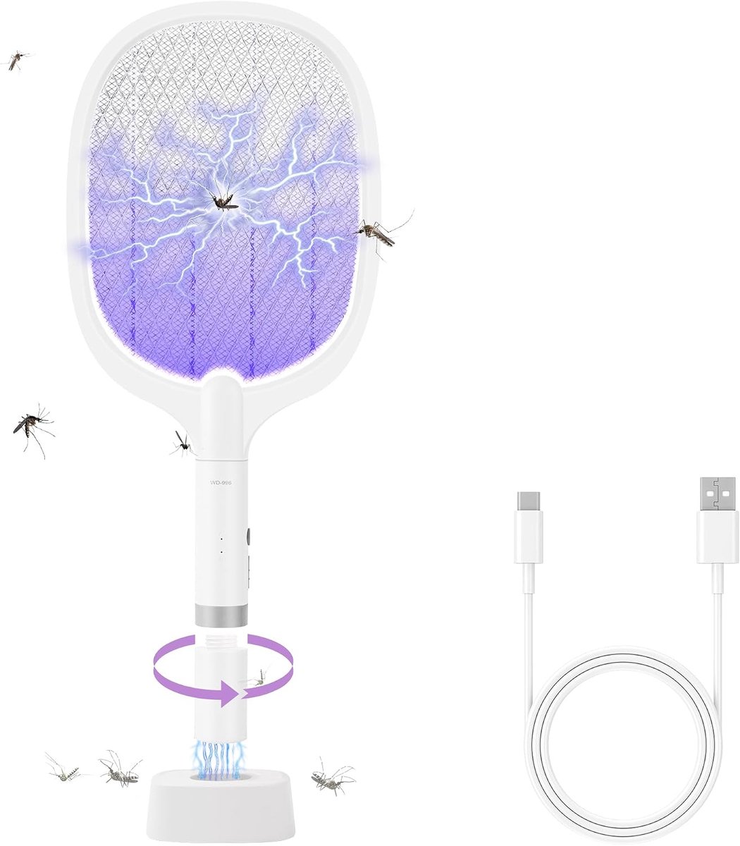 Elektrische vliegenmepper 5000V, oplaadbare insectenracket met 2 standen, paars licht en 3-laags veiligheidsnet, draagbare vliegenmepper voor binnen en buiten, 1 stuk