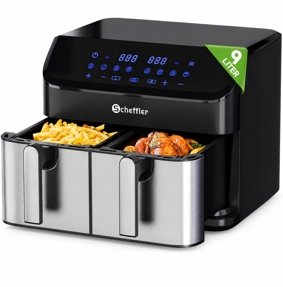 Scheffler heteluchtfriteuse met 2 compartimenten, 9 liter inhoud, 8 programma's, Dual Cook & Sync Finish