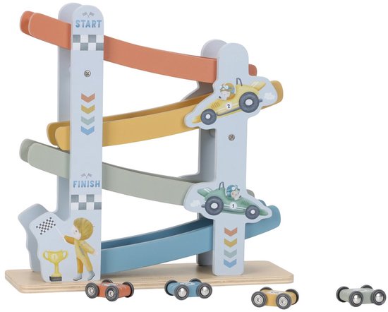 Houten racebaan met 4 hellingen in oranje, geel, grijs en blauw. Met 4 autootjes.