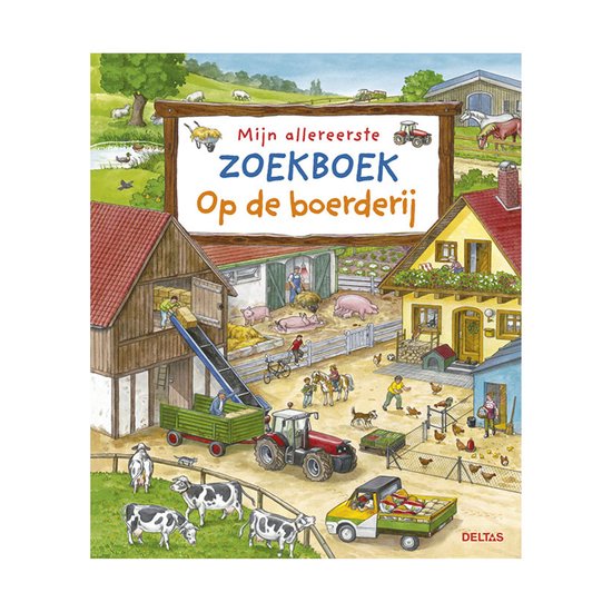 Voorplaat van 'Mijn allereerste zoekboek op de boerderij'. Een drukke boerderijscène met kinderen, boerderijdieren en landbouwvoertuigen.