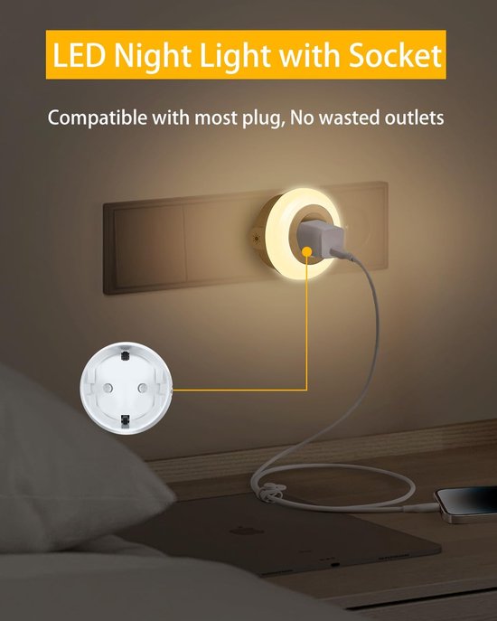 Nachtlampje met sensor - Stekkerlamp LED - Veilig Pad Verlichten - Stopcontact Verlenger - Warm Wit - Wit — afbeelding 4