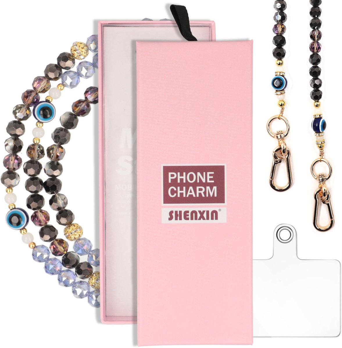 Lange Telefoonketting met Kralen en Boze Oog Bedel - Stijlvolle Accessoire