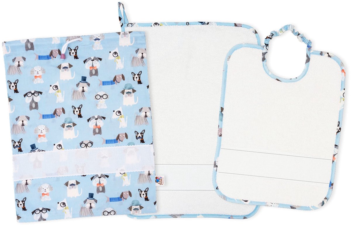 Filet Amasd591 kleuterschoolset, driedelig, geborduurd, badstof, 100% katoen, motief: honden, kleur: blauw, wit, 300 g - ShopVlot