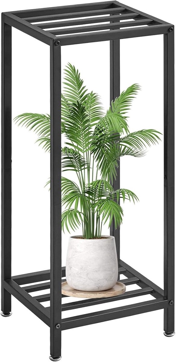 PolkaHome Plantenrek 2 Etages – Metalen Bloemenstandaard Mat Zwart 76 cm Hoog