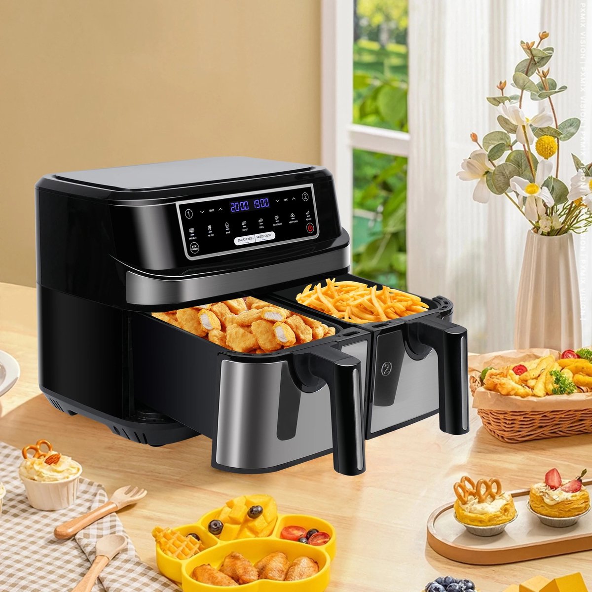 6Seven - Airfryer - Dubbele bak - Totaal 9 liter - LED Scherm - XXL maat - 8 programma's - Touchscreen - 220V - Kleur zwart