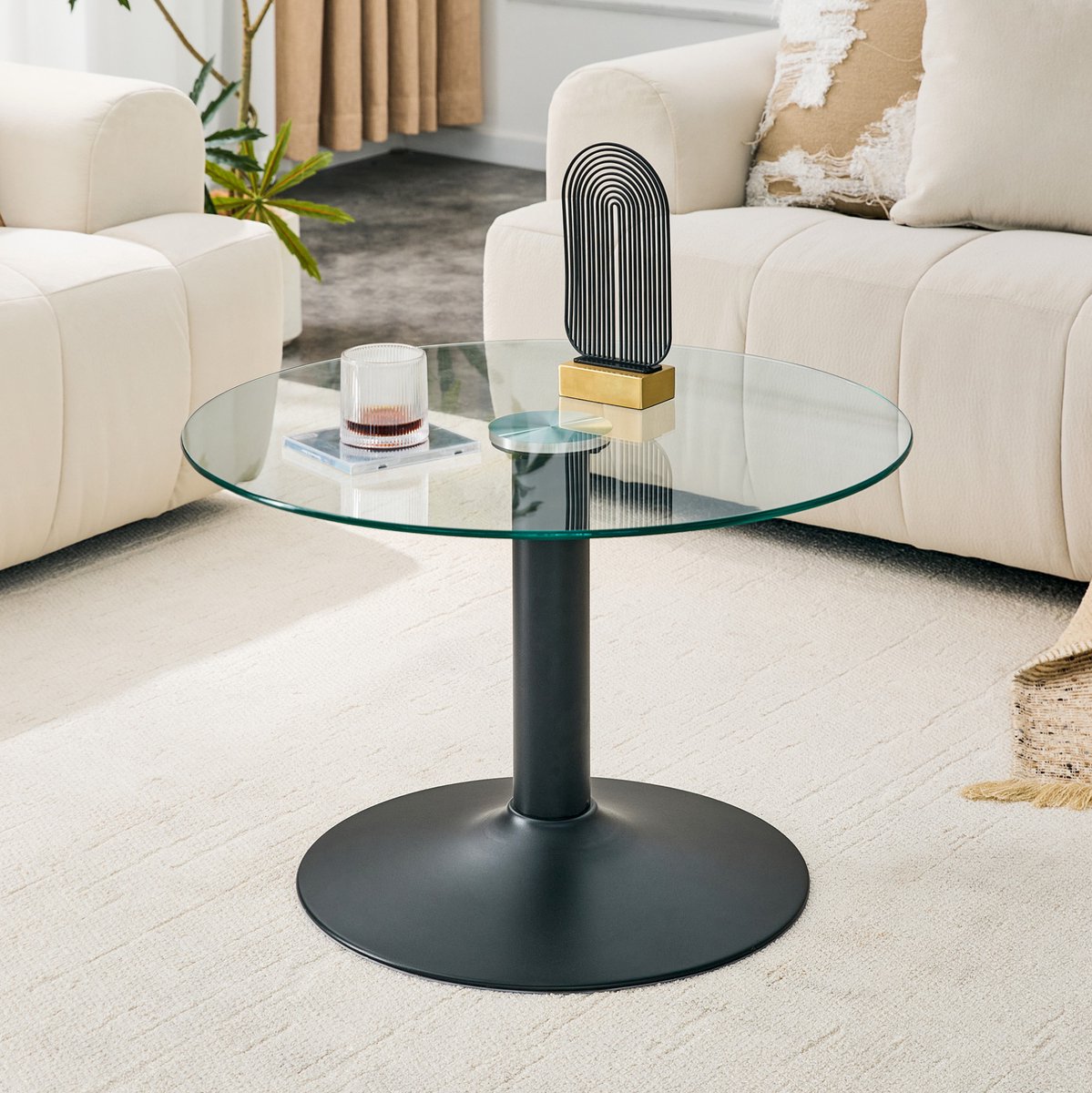 REDOM - Salontafel - Rond glazen tafelblad - Met metalen onderstel - Moderne stijl - Woonkamer - Glas en metaal - Zwart - 70 x 45 cm