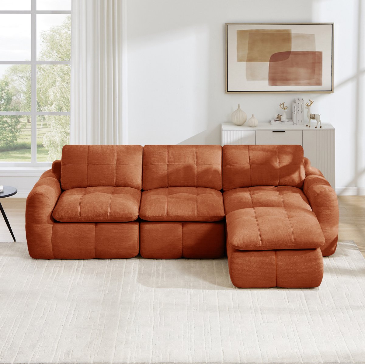 REDOM - Hoekbank - Modulair L-vormig ontwerp - Met ottoman - Chenille bekleding - Woonkamer en appartement - 264 x 160 x 68 cm - Oranje