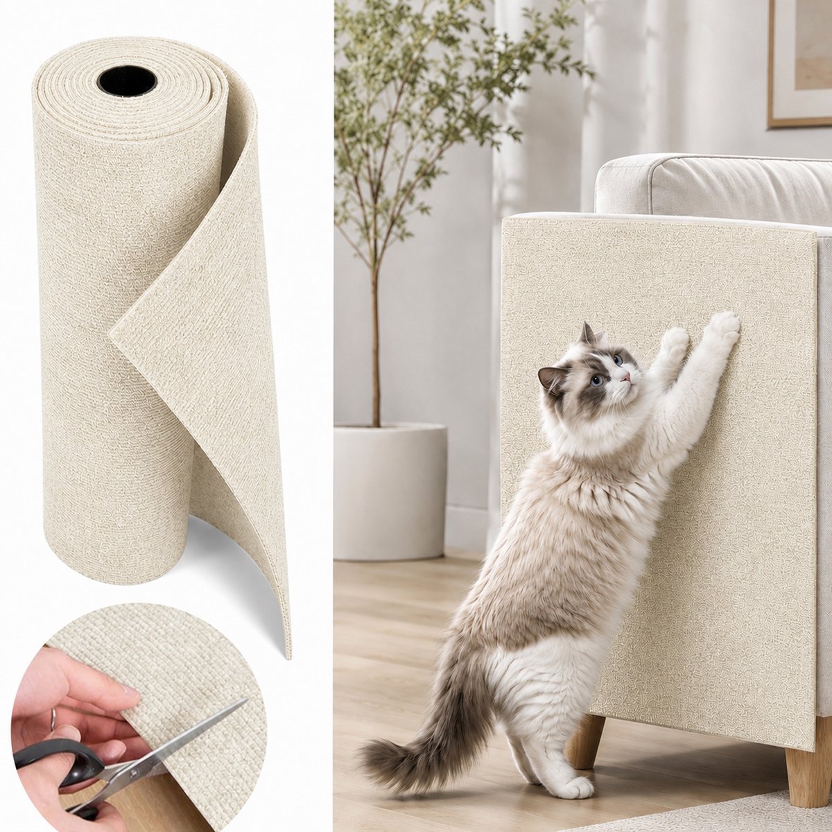 Kattenkrabmat -Zelfklevende Kattenkrabmat 300x40cm - XXL Meubelbeschermer voor Bank en Muur -Op maat te snijden krabmat voor katten- DIY Krabpaal Bekleding - Slijtvast Vilt voor Katten -Beige