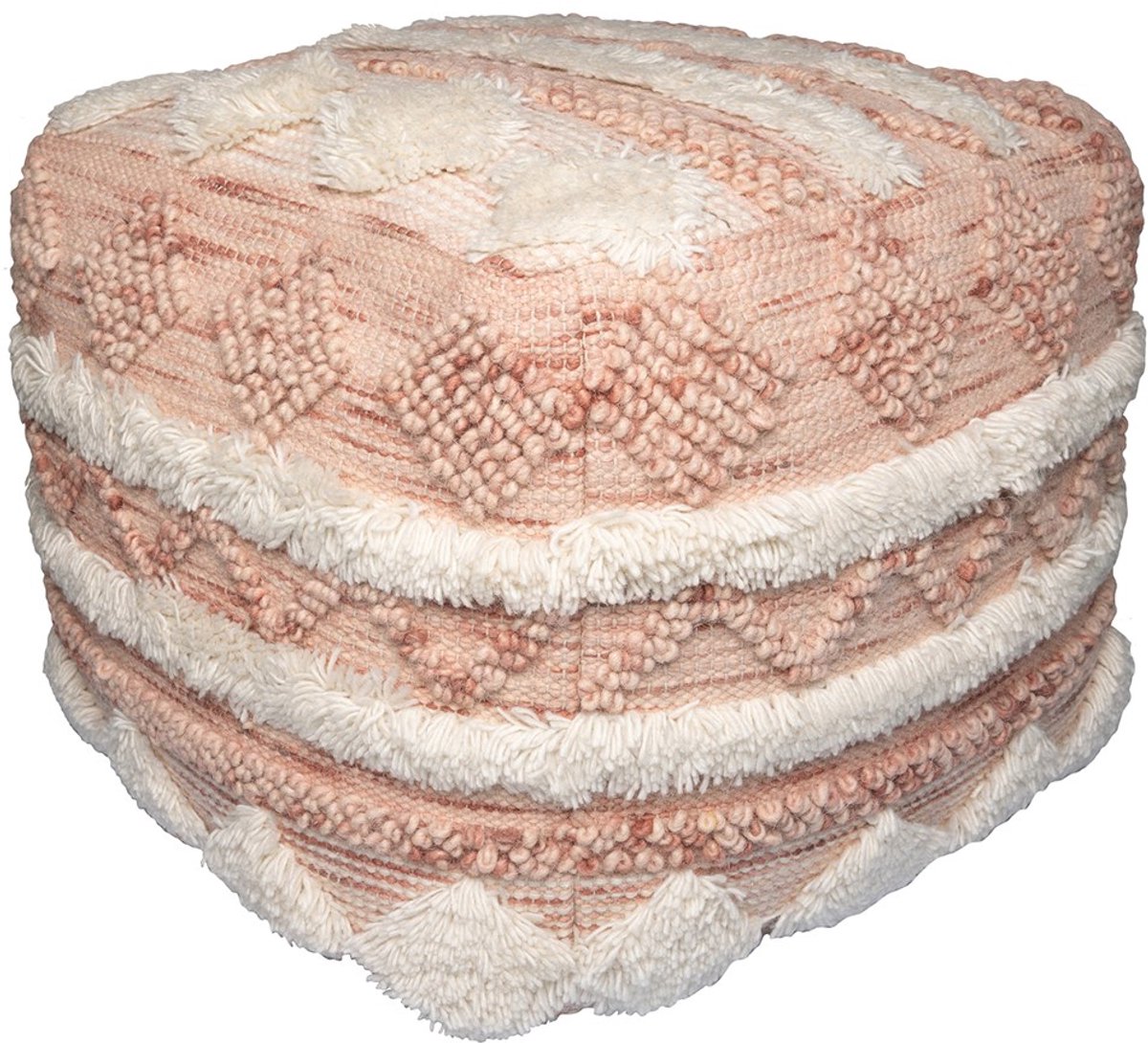 Padiro vierkante poef 50 x 50 x 45 cm - roze en crème - wolmix - bohostijl met reliëf