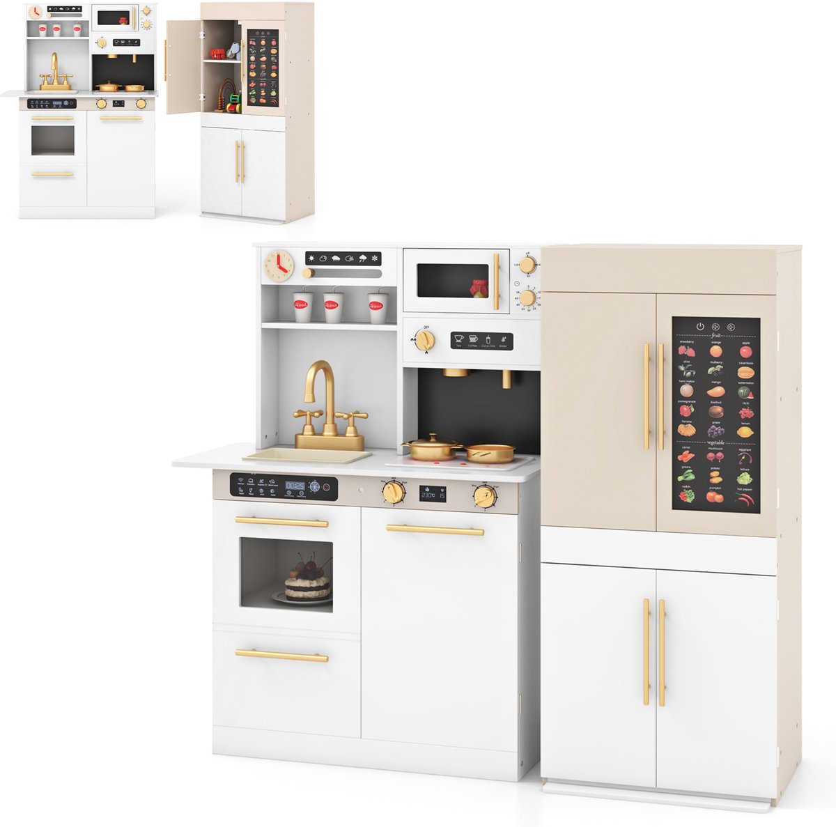 COSTWAY 2-delige speelkeukenset voor kinderen, speelkeuken met koelkastcombinatie en educatieve sprekende wandkaart, koffiemachine, magnetron, fornuis, echte lichten en geluiden, speelkeukenset voor peuters van 3 jaar en ouder