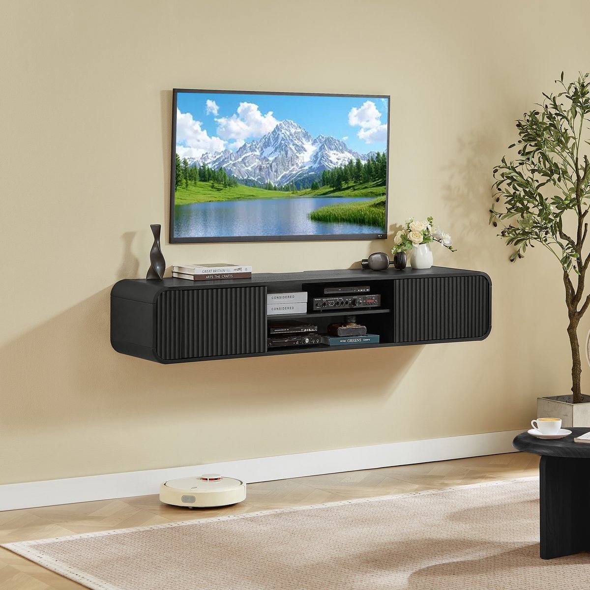 MODFU Wandgemonteerd Tv-Meubel - Open Vakken En Kabeldoorvoer - Zwart - 160 Cm