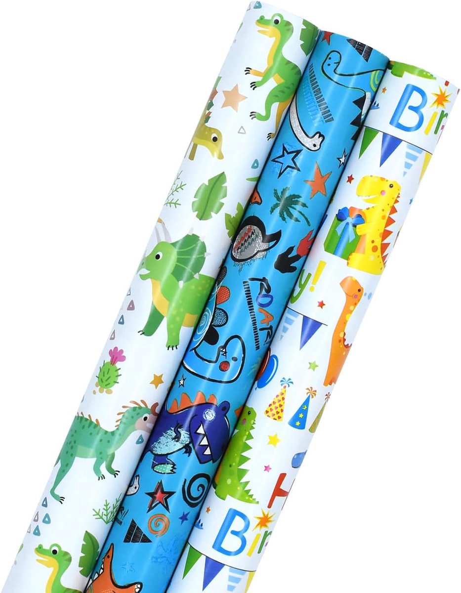 SnelShoppen - 3 Rollen Verjaardag Inpakpapier - Cadeauverpakking - Kleurvol & Creatief Inpakpapier voor Feestdagen, Verjaardagen, Kinderen - Perfect v