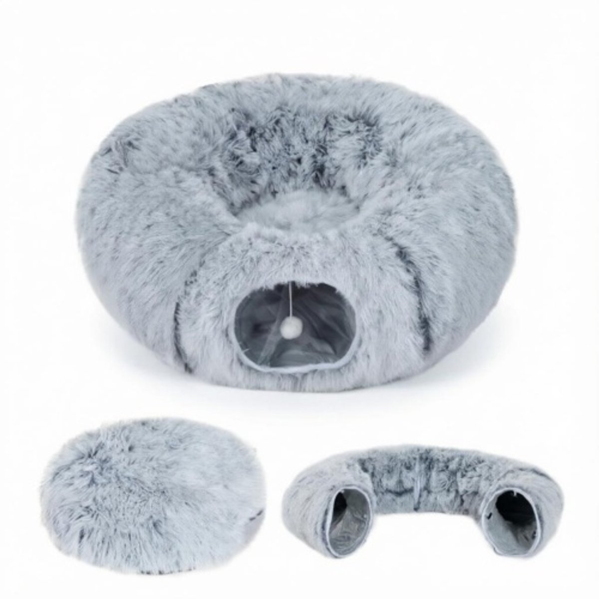 Kattentunnel Met Donut Kattenbed-Kattentunnel Voor Binnen-Afneembaar Rond Kussen-Opvouwbaar-90 x 80 x 27 cm-Lichtgrijs