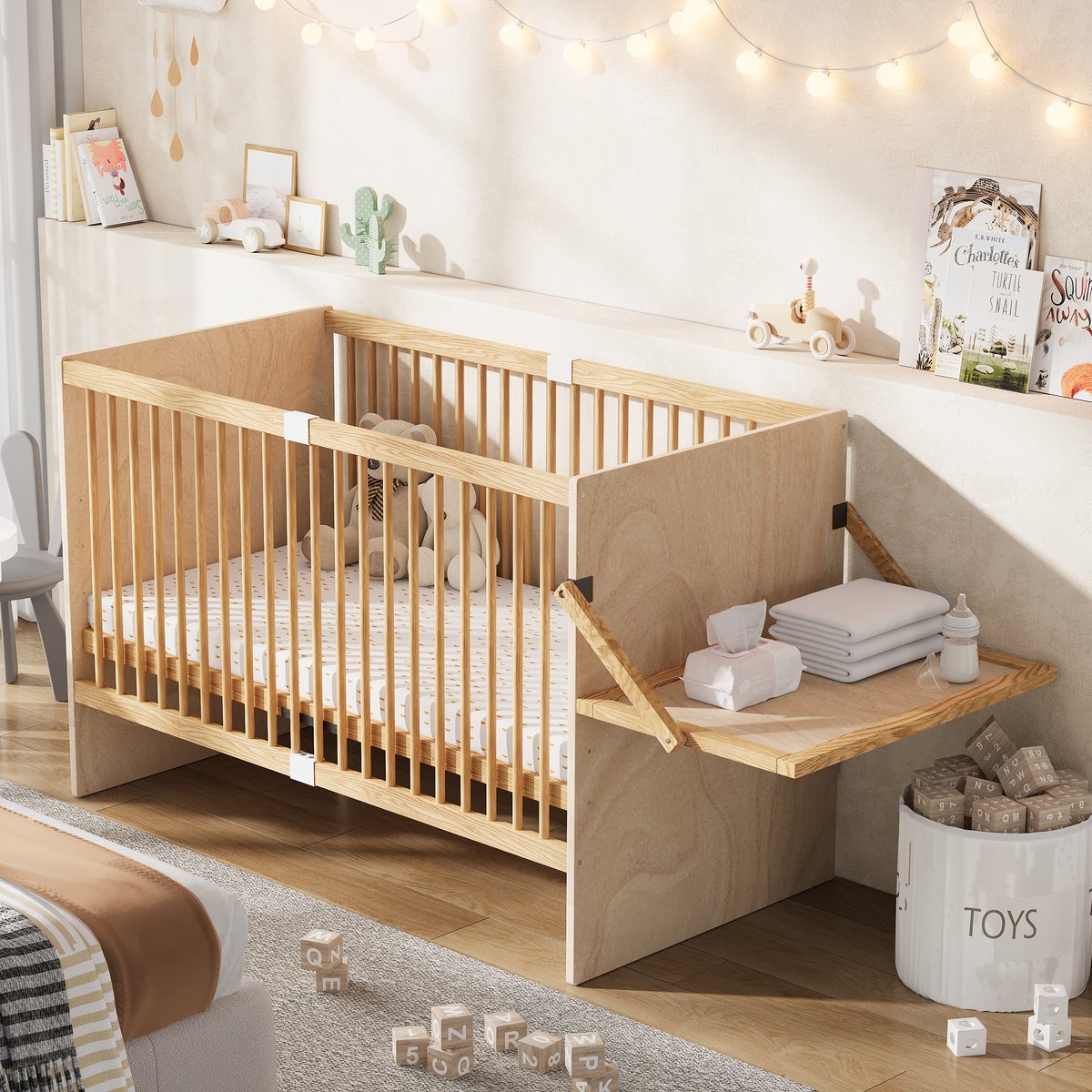 MODENUIT Babybed – 140 x 70 cm – 4-Standen Lattenbodem – Hout – Naturel – Inklapbare Verschoontafel