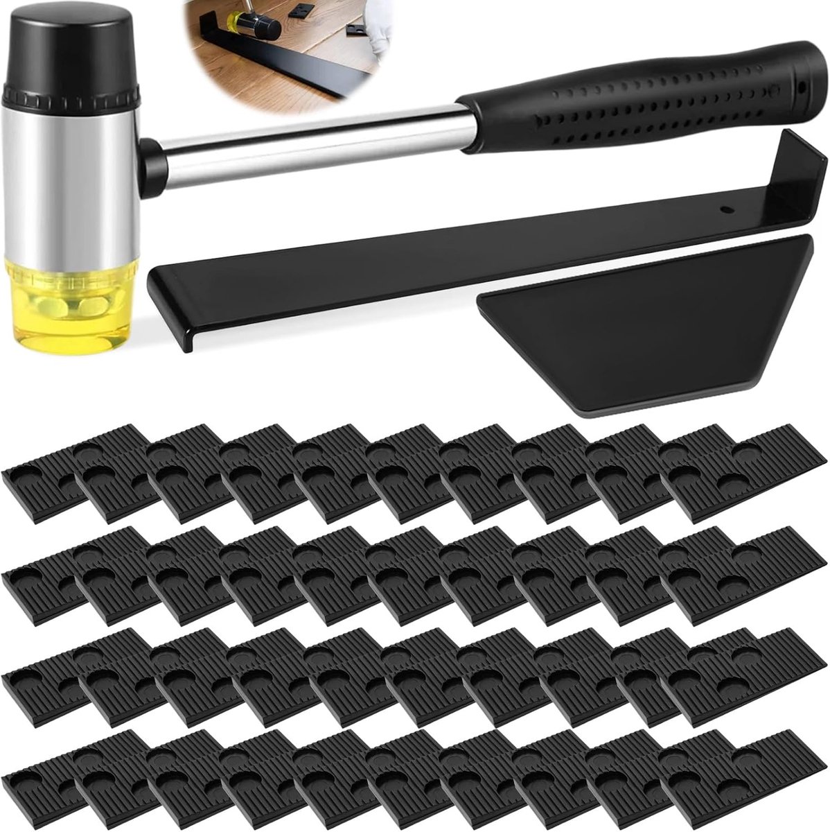 43-piece laminate parquet laying set with 40 spacers and impact wedge and pull-up bar, double-sided rubber hammer 26 - ShopVlot