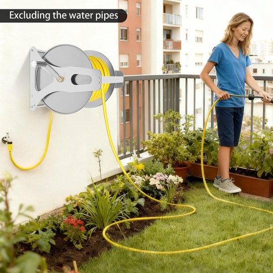 Slangwagen voor tuinslang, waterslanghaspel voor tuin, terras en buiten, 30 x 28 x 36 cm, staand/wandmontage, voor waterbuis Ø 15 mm tot 50 m, zilver — afbeelding 2
