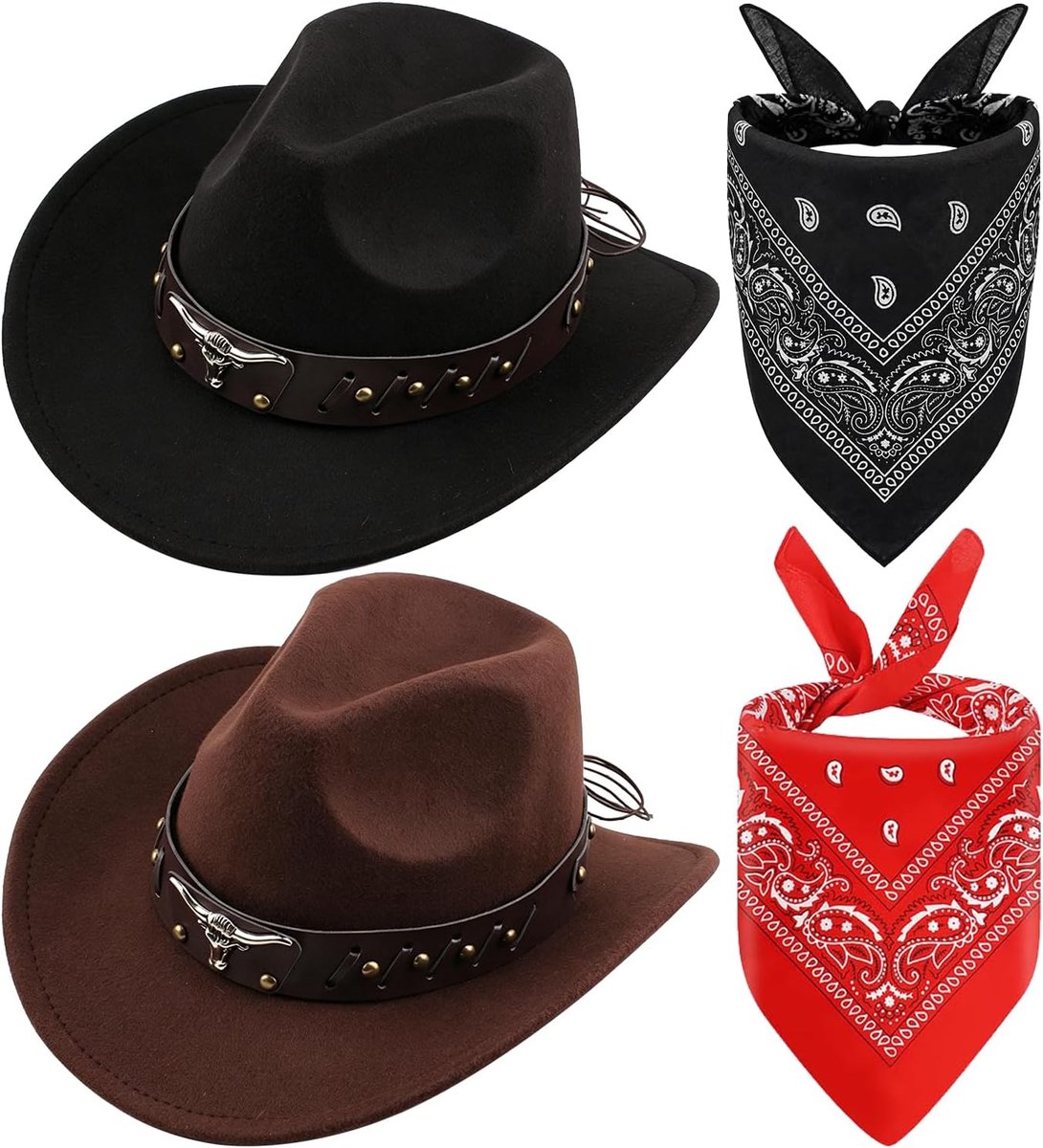 4PCS Cowboykostuum met Bandana Cowboyhoeden Cowboyoutfits Accessoiresset Cowboyhoed Kostuumaccessoires voor Carnaval Cosplay