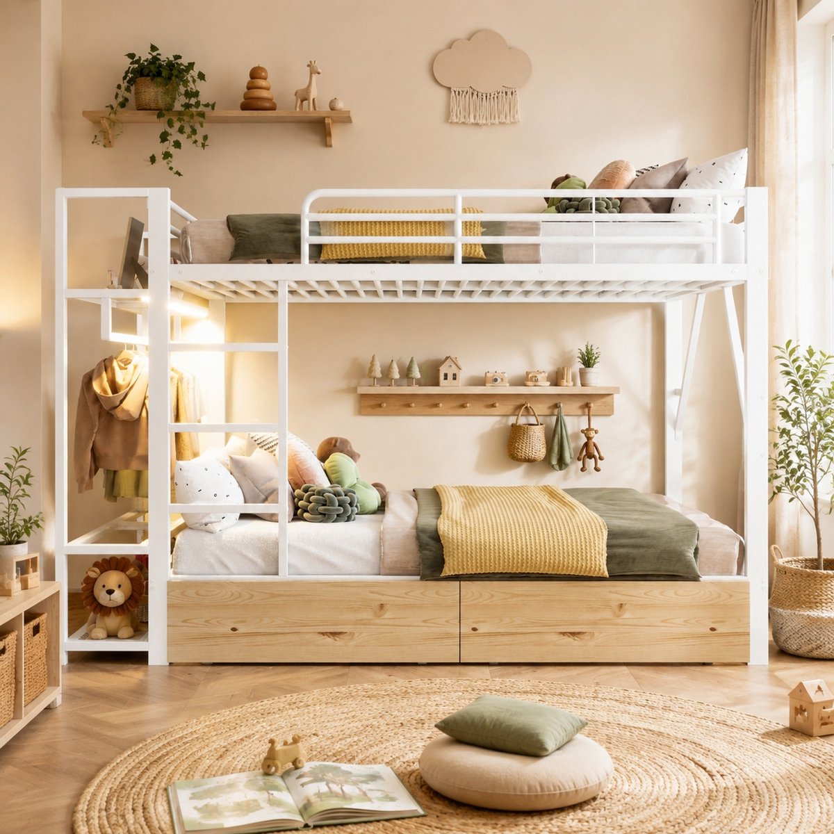 WUVRIE Stapelbed 140x200 cm met 2 lades, planken, ledverlichting en kledingstang, wit