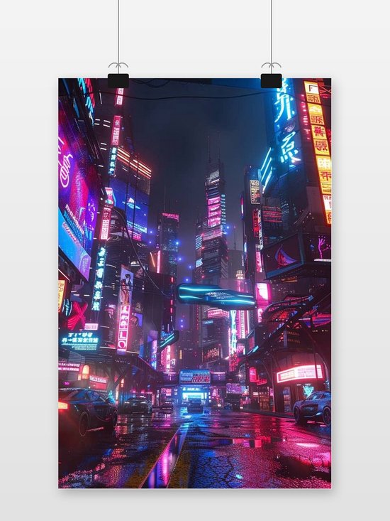 Affiche cyberpunk avec éclairage néon d'une ville futuriste avec des voitures sur une rue mouillée.